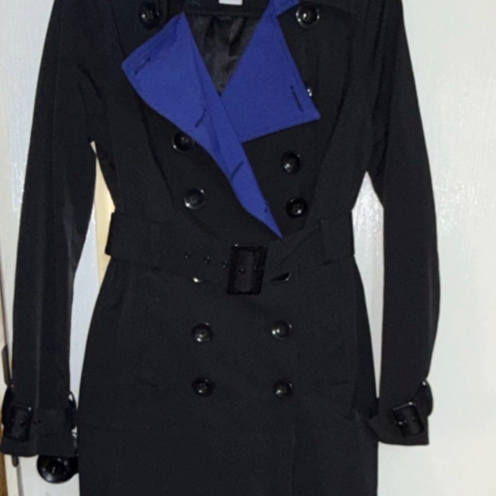 Worthington Black Trench Coat with Blue Lapel Accent